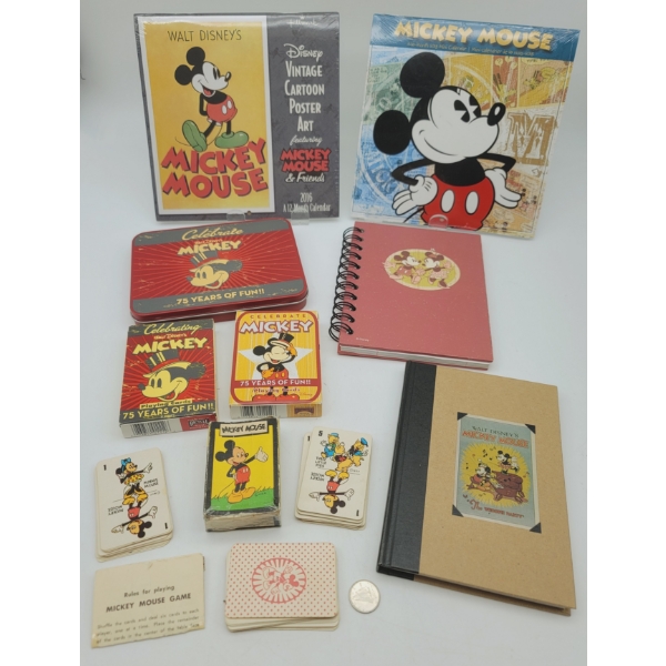 MICKEY MOUSE DISNEY VINTAGE CARD GAME, 2 HALLMARK CALENDARS, 2 NOTEBOOKS, 2 PLAYING CARDS in a TIN 