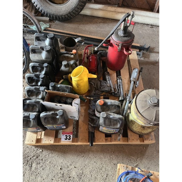 Transmission Fluid, Oil Pail with Pump, Oil Can, Grease Guns, etc.