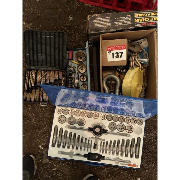 New Tap & Die Set, Drill Bits, key hole saw kit,Clevis, Tie Strap, Tire chains.