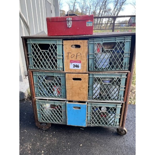 Metal Cart on Wheels and Contents