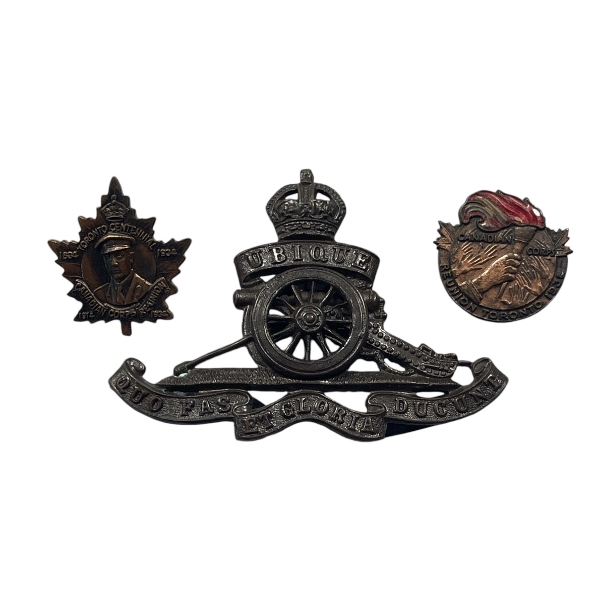 Royal Canadian Artillery Bronze Cap Badge & two WW2era Service Pins