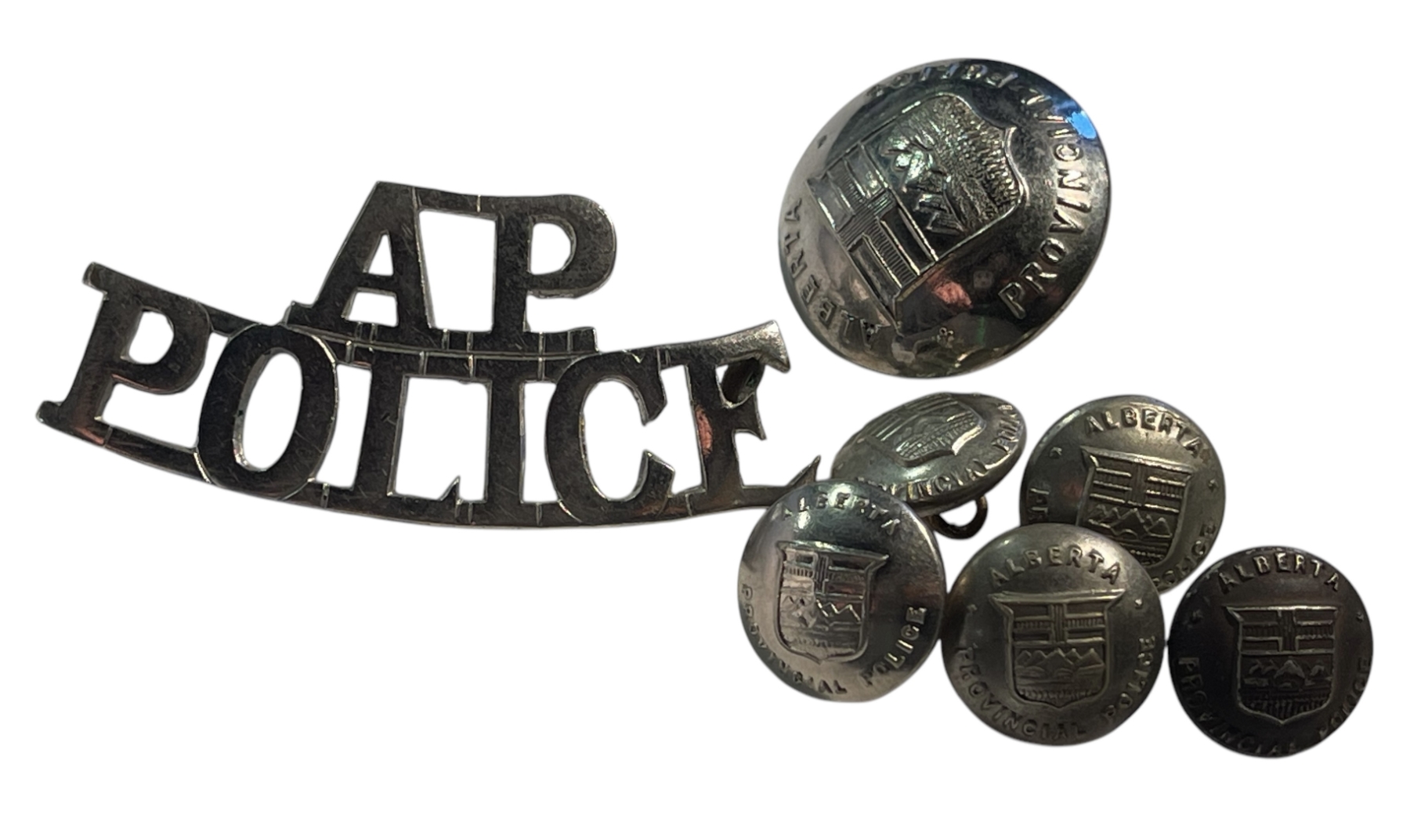 Alberta Provincial Police Shoulder Title Badge and Uniform Button Lot