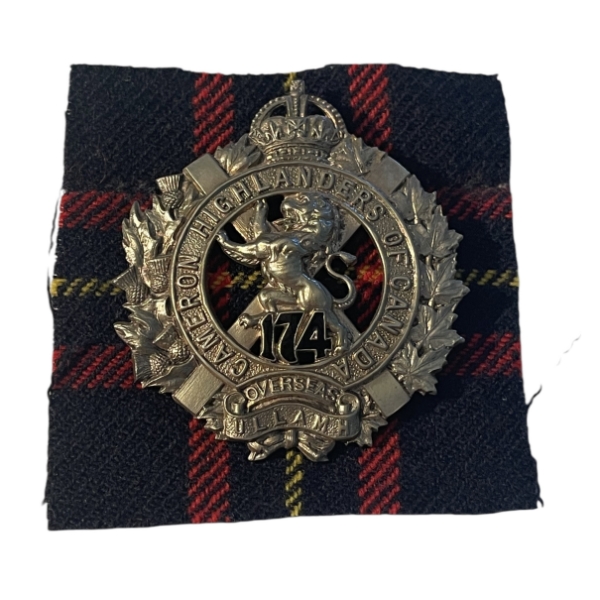 WW1 CEF 174th Battalion (Cameron Highlanders) OFFICERS Cap Badge - Enamelled numbers