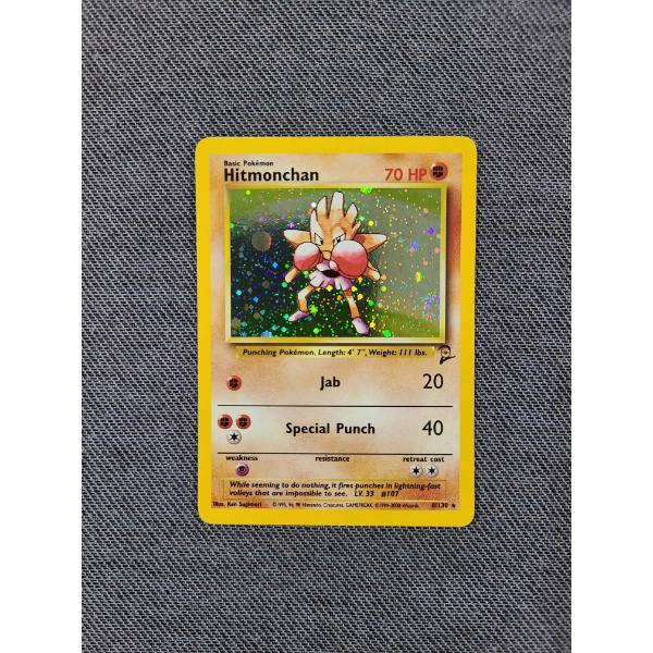 Hitmonchan 8/130 Holo Rare Pokemon Base Set 2 Trading Card With Holo Swirl