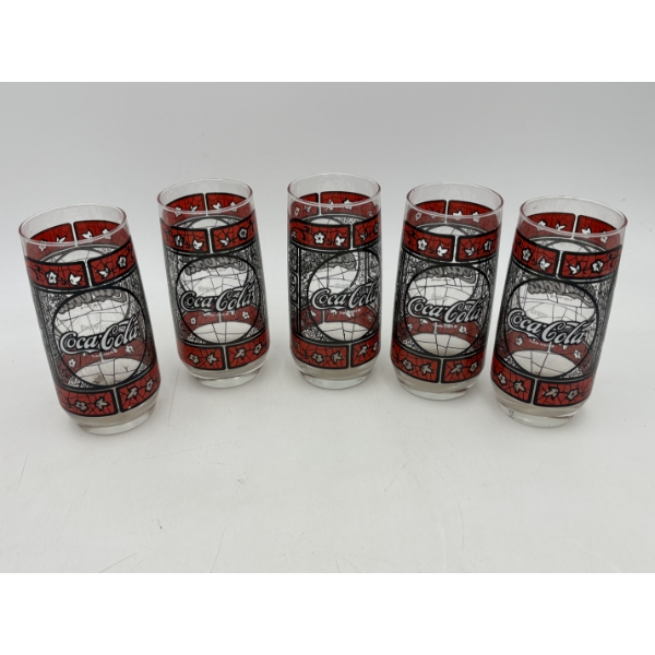 5 Vintage Tiffany Styled Coca-Cola Stained Glass Drinking Tumblers 