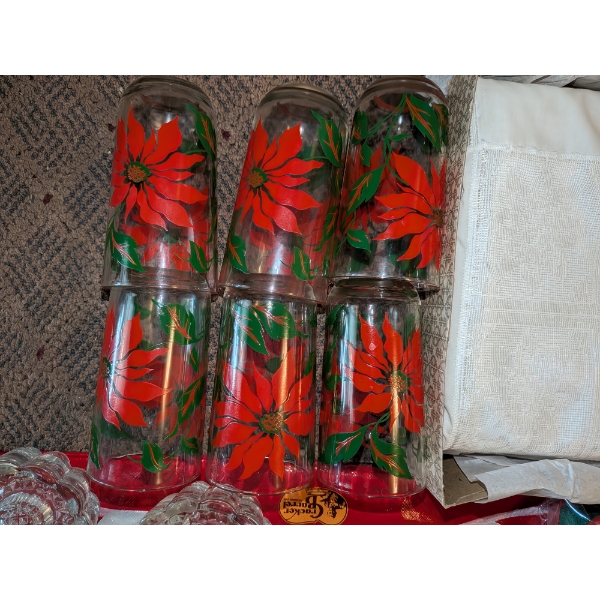 Stunning Vintage Pointsetta Water Glasses, Table Cover, Bowl, & More