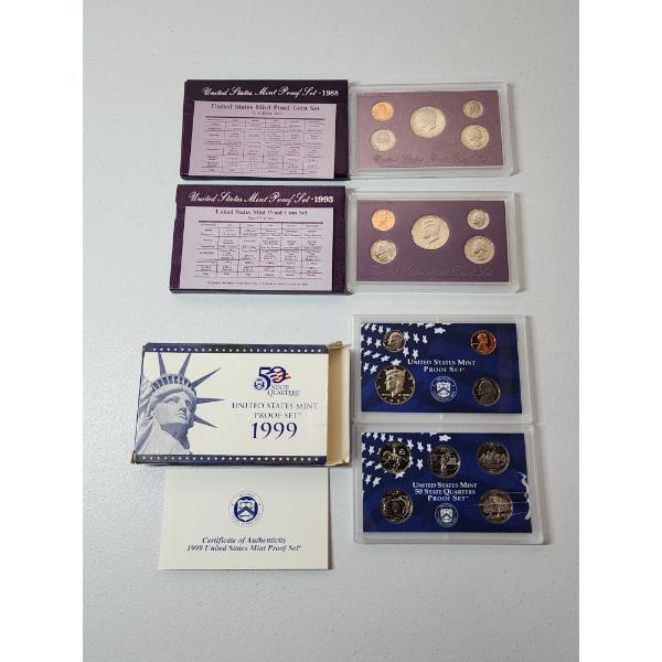 x3 U.S. Proof Sets: 1999, 1988, and 1993 in Original Boxes With CoA
