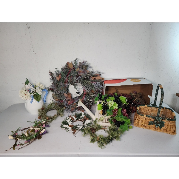 Lot of Assorted Decorations: Wreaths, Vase, Basket, Florals - See Photos! 