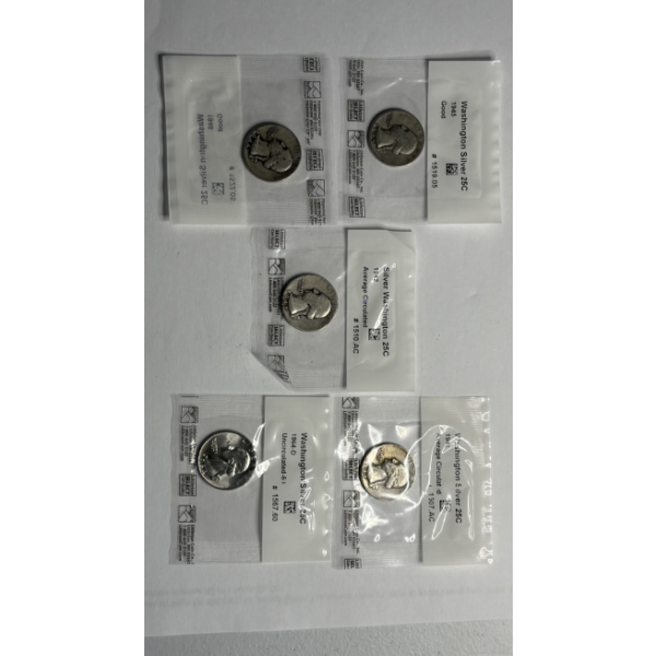 Lot of 5-90% Silver Washington Quarters, Assorted Years, FV $1.25