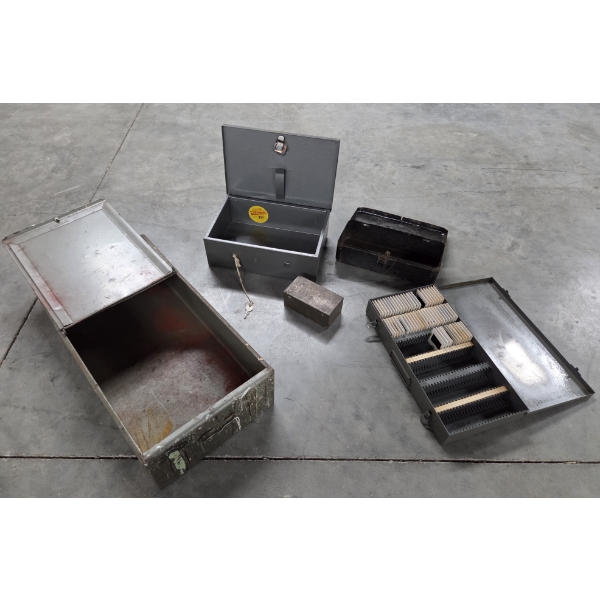 Vintage Metal Box Collection Includes Fire Proof Box With Key, Slide Box And More