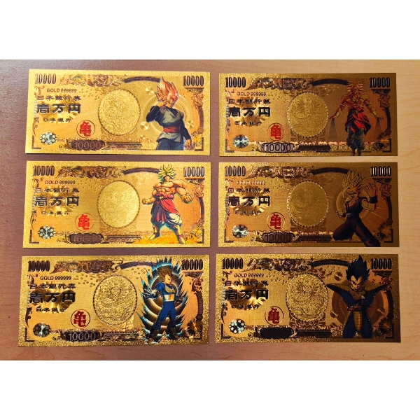 6 Pc Set Pure 24k .999 Gold Foil "Dragon Ball Z"Nippon Ginko Bank Notes - Each In Mint Condition