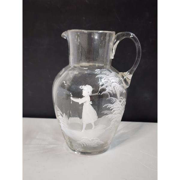 Vintage Mary Gregory Hand-Painted Enamel Clear Glass Pitcher