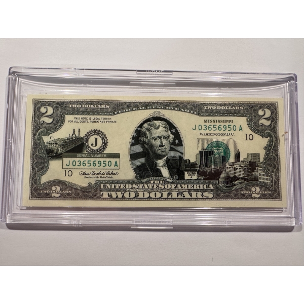 2003 United States Jefferson MISSISSIPPI $2.00 Bill In Hard Case Holder - Mint Condition - RARE