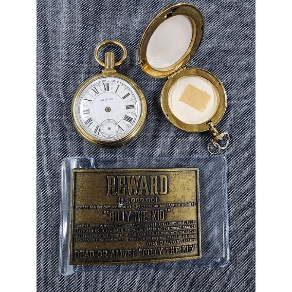 Wanted Billy The Kid Belt Buckle, Westclox Pocket Watch & Locket 