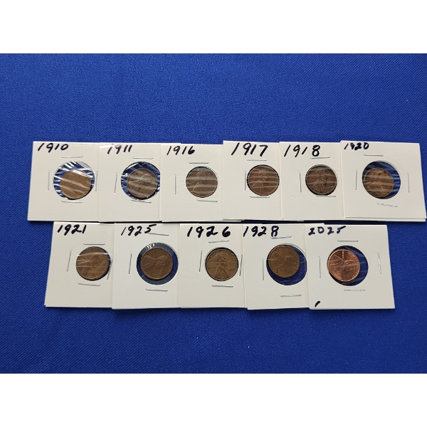 Assorted United States Lincoln Cents Including (1) 2025 Penny & (10) Assorted Years Wheat Pennies