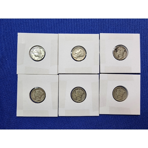 6 Silver Mercury Dimes Assorted Years FV: $.60