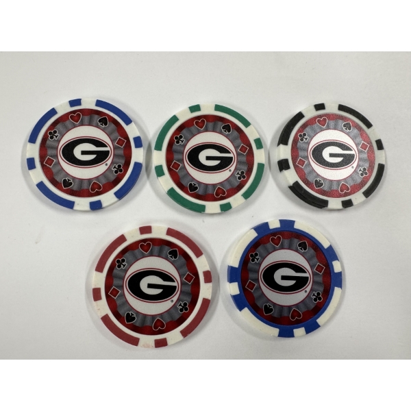5 - RARE University of Georgia Bulldogs Bulldogs Clay Poker Chips - Mint Condition - Complete Set