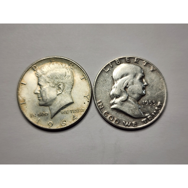 Two 90% Silver Half Dollars - 1 Kennedy & 1 Franklin Half - $1.00 Face Value