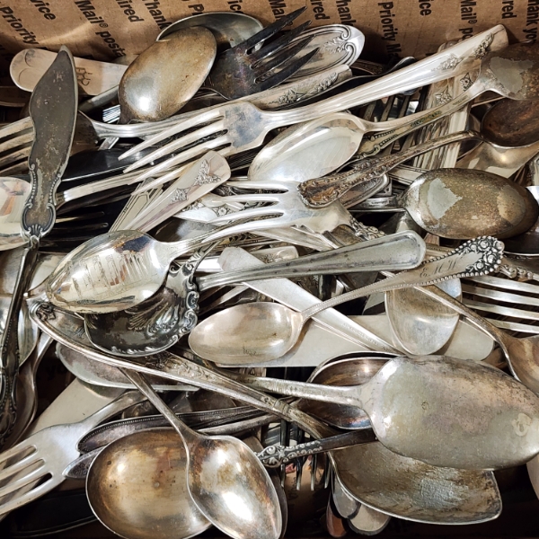 Nearly 7LBS of Assorted Silverplated Silverware in Metal Canister