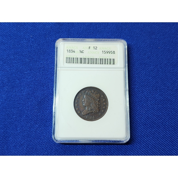 Rare Coin! 1834 Classic Head Half Cent ANACS F 12