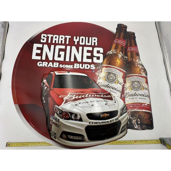 Large Budweiser 'Start Your Engines' Racecar Advertising Metal Sign Approx. 28"x 25"