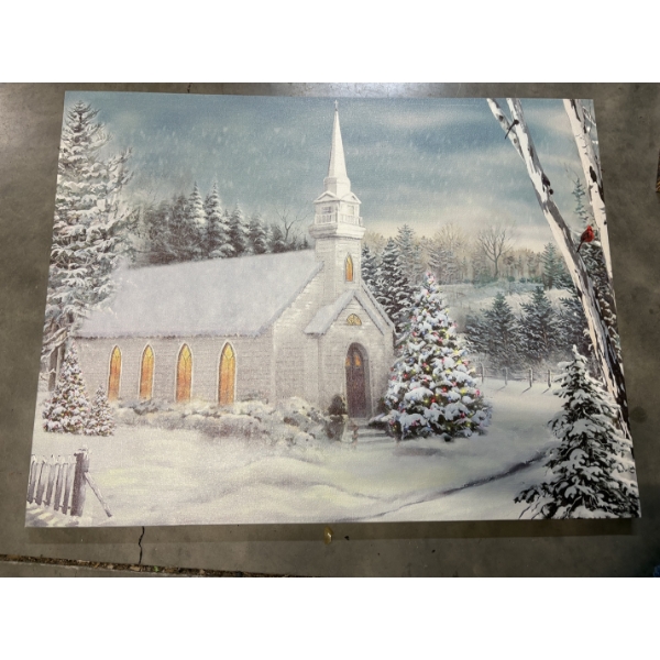 Light up Snowy Winter Church Canvas - 21x27" - Does Work! 