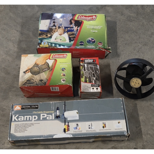 New Kamp Pal Organizer, Fan/Light, Coleman Twin Air Bed And Quik Pump 