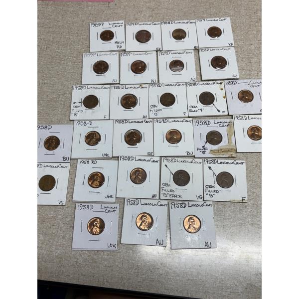 Assorted 1958-D Pennies in Labeled Cards - Some Error Pennies - FV $0.27