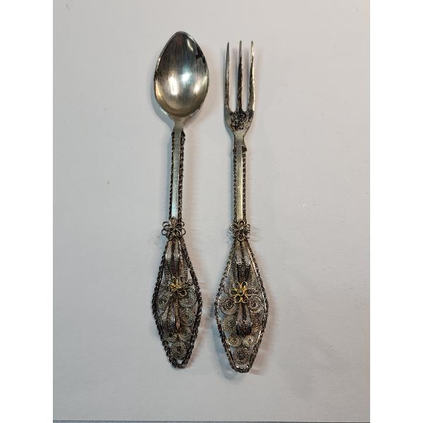 Antique Silver Filigree Fork and Spoon Set - Marked "800" - 80% Silver TW: 53.2g