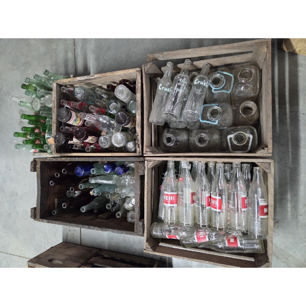 Huge Vintage Glass Bottle Collection In Vintage Wood Crates
