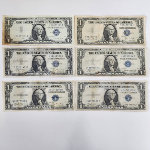 Lot of 6 United States Blue Seal $1 Silver Certificates - Face Value $6.00