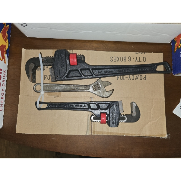2 Pipe Wrenches (Barely Used) And Adjustable Wrench
