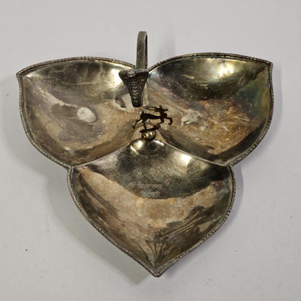 Vintage 3-Compartment High Percentage Indian Silver 8" Serving Tray With Cobra Handle - 205.9g