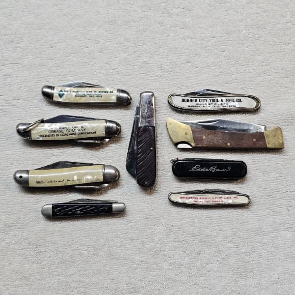 Collection of Various Vintage Folding Pocket Knives from Manufacturing and Mining Companies