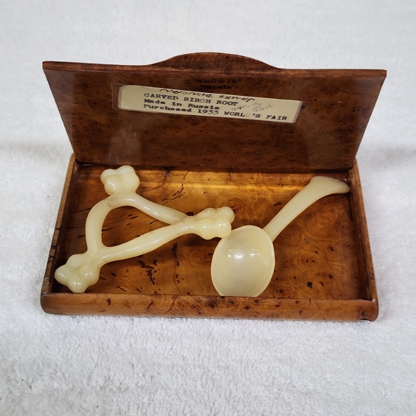 Vintage Baby Teether & Spoon With Russian Made Carved Birch Root Box Bought From 1933 World's Fair