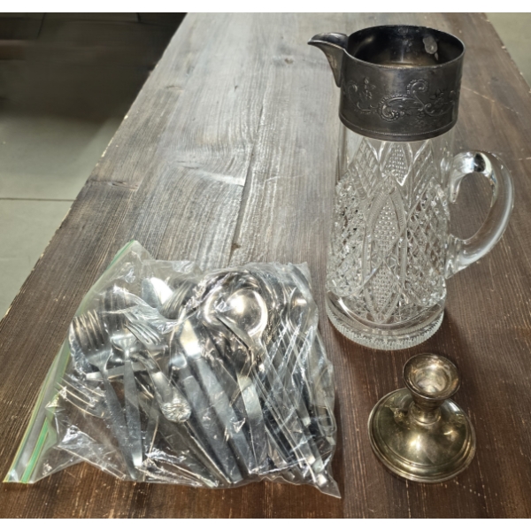 Stainless Silverware w/ Cut Glass Pitcher & Sterling Weighted Candle Holder (271.1g TW)