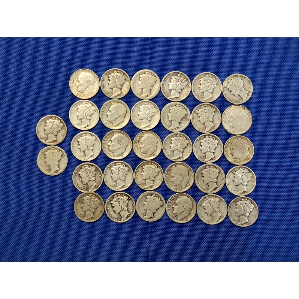 x32 Assorted Year Roosevelt and Mercury Silver Dimes FV: $3.20