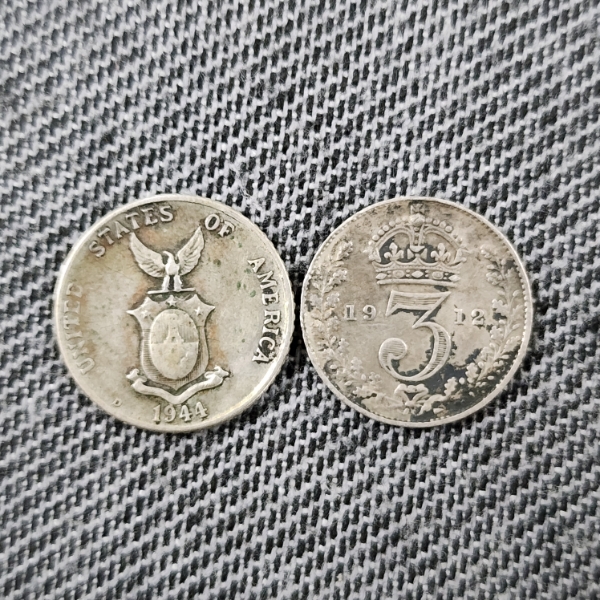 Two Smaller Silver Coins ~ 1944 Philippines 75% Silver 10 Centavos & 1912 Great Britain 92.5% Silver
