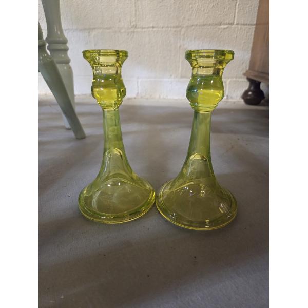 *Pick Up At Mantua Home-No Shipping Available* Amazing Pair Of Vintage Vaseline Glass Candlesticks I