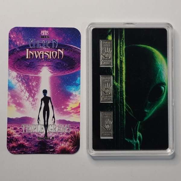 Black Hand Bullion (3) 1 Gram .999 Fine Silver Bars In "Alien Invasion" Series Custom Display