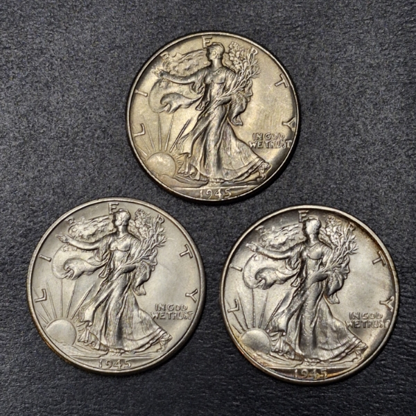 3 Pcs - 1945 P / 1945 D / 1945 S  Walking Liberty Half Dollars - High Grade - See Pics