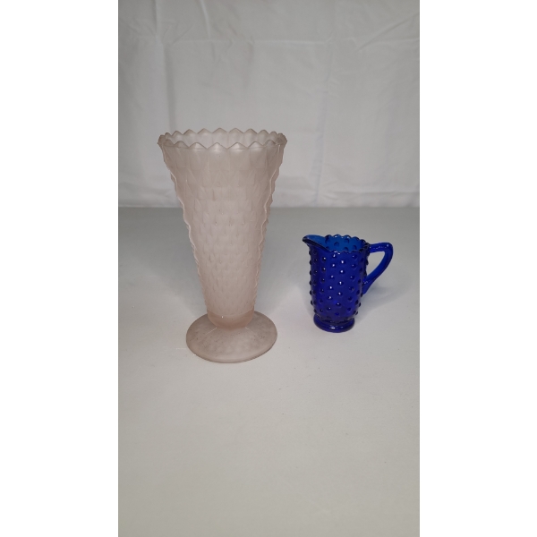 Vintage Indiana Diamond Point Frosted Pink Glass Vase & Cobalt Blue Hobnail Mini Pitcher 