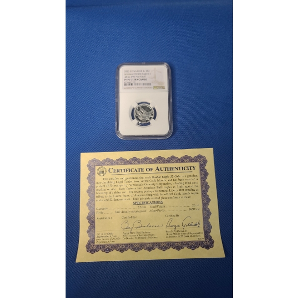 NGC 2023 PF 70 Ultra Cameo 22mm Cook Islands $2 .25 Oz .999 Fine Silver American Double Eagle T-1