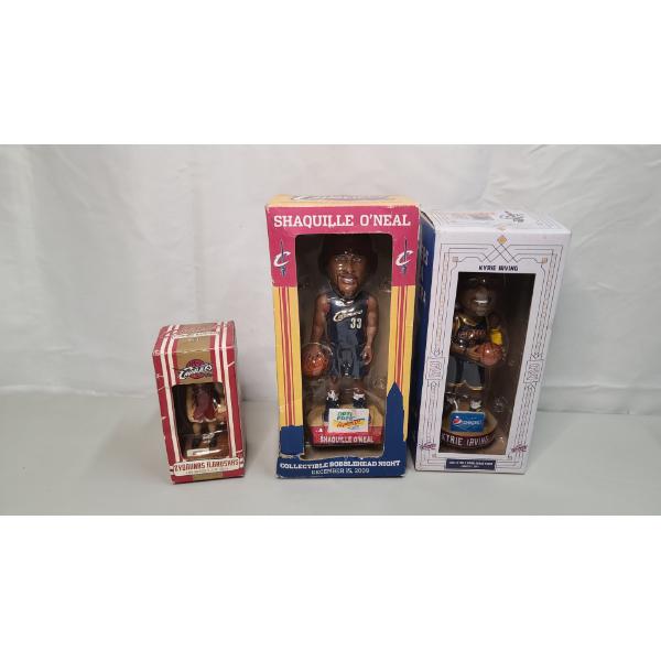 (3) Assorted Cleveland Cavaliers Bobble Heads Featuring Shaq, Krie Irving & Zydrunas Ilgaushas 