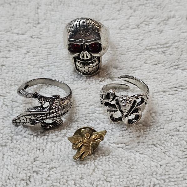 Lot of 3 Silver Tone Biker Rings and 1 Gold Tone Angel Pin