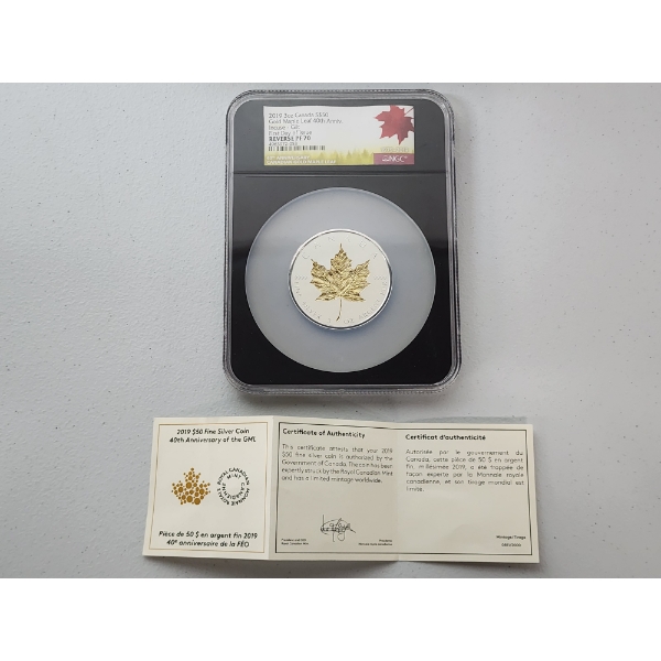 Stunning 2019 3oz .9999 Silver Canada Gold Maple Leaf 40th Anniversary Coin FDOI - NGC Reverse PF 70