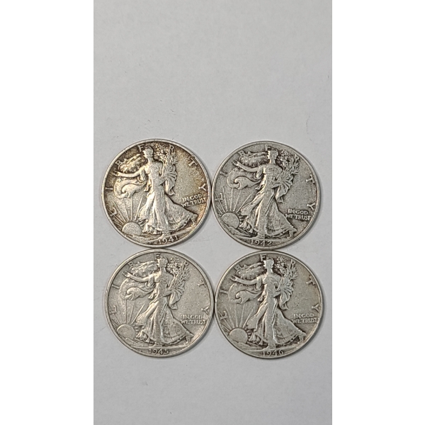 United States 1941-S, 1942, 1945-D & 1946 Walking Liberty 90% Silver Half Dollars - Face Value: $2