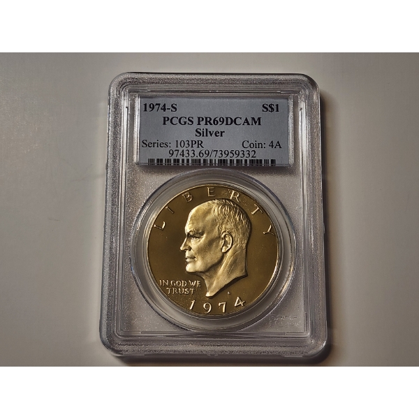 1974-S Eisenhower Silver Dollar Graded PR 69 DCAM by PCGS 