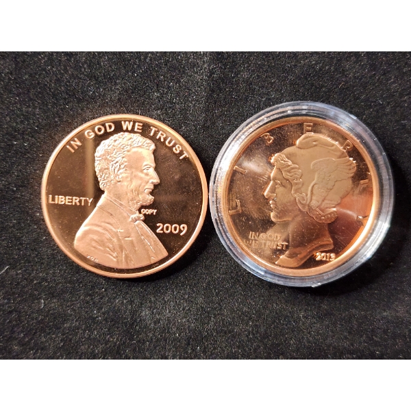 Lot of Two .999 Fine Copper AVDP Ounces in Protective Cases - Mercury Dime Design & 2009 Cent Design