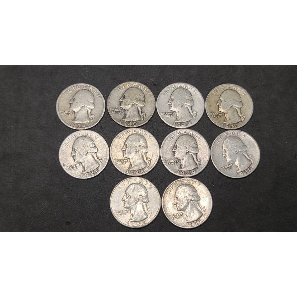 Assorted Years/Mint Marks 90% Silver Washington Quarters - Face Value: $2.50